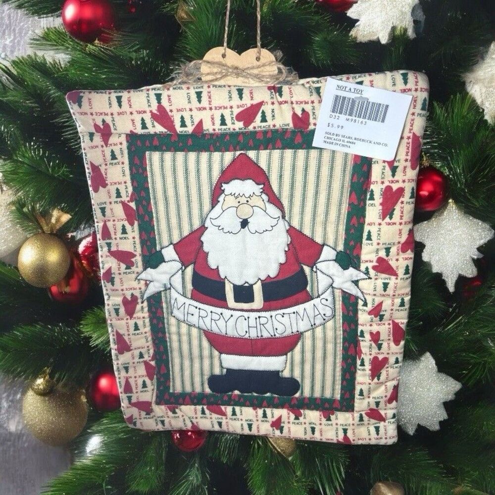 Sears Christmas Kitchen Cooking Santa Quilted Fabric Wall Hangings Lot of 2 NOS